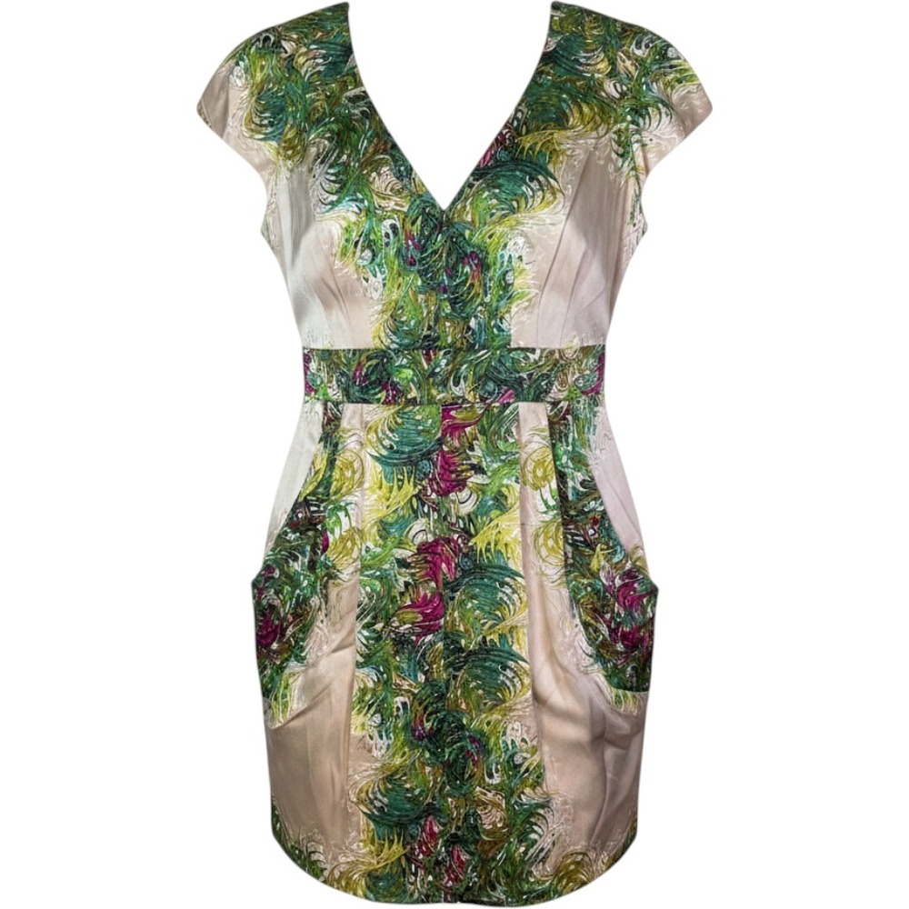 Nanette Lepore Silk Marbled Peacock Print V-Neck Tulip Dress Green Champagne 6